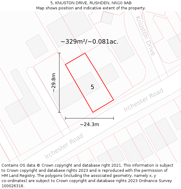 5, KNUSTON DRIVE, RUSHDEN, NN10 9AB: Plot and title map