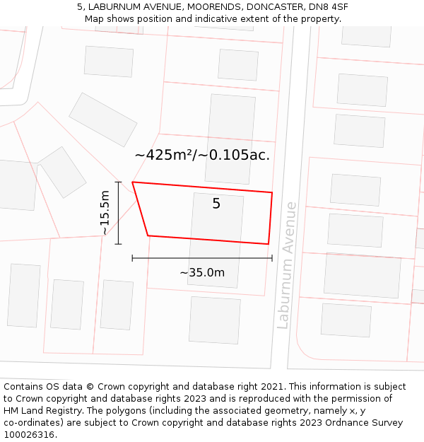 5, LABURNUM AVENUE, MOORENDS, DONCASTER, DN8 4SF: Plot and title map