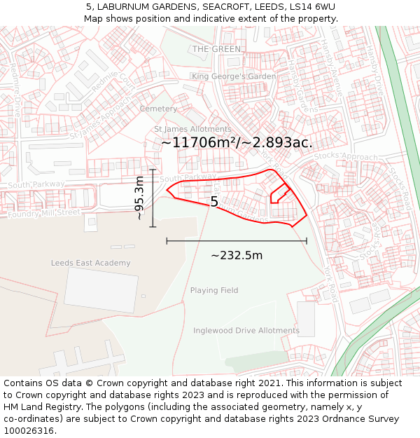 5, LABURNUM GARDENS, SEACROFT, LEEDS, LS14 6WU: Plot and title map