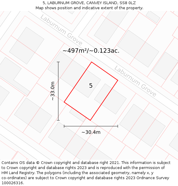 5, LABURNUM GROVE, CANVEY ISLAND, SS8 0LZ: Plot and title map
