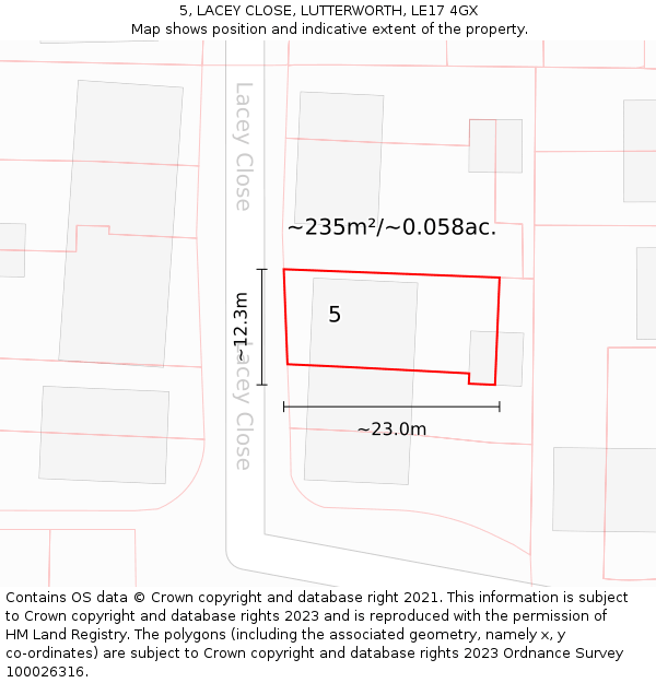 5, LACEY CLOSE, LUTTERWORTH, LE17 4GX: Plot and title map