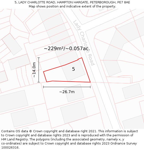 5, LADY CHARLOTTE ROAD, HAMPTON HARGATE, PETERBOROUGH, PE7 8AE: Plot and title map
