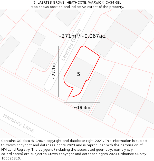 5, LAERTES GROVE, HEATHCOTE, WARWICK, CV34 6EL: Plot and title map