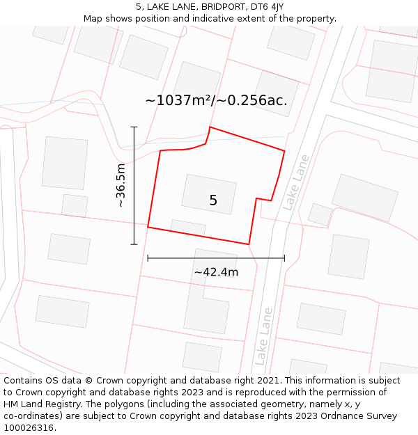 5, LAKE LANE, BRIDPORT, DT6 4JY: Plot and title map