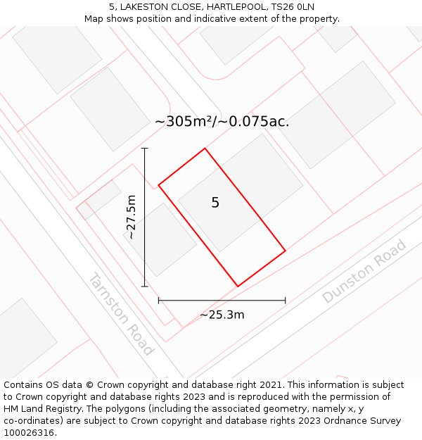 5, LAKESTON CLOSE, HARTLEPOOL, TS26 0LN: Plot and title map