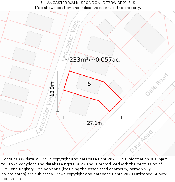5, LANCASTER WALK, SPONDON, DERBY, DE21 7LS: Plot and title map