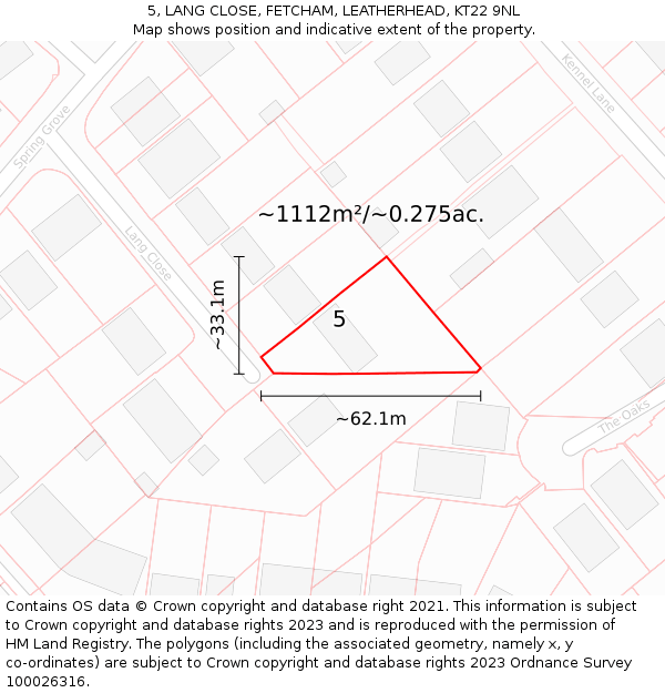 5, LANG CLOSE, FETCHAM, LEATHERHEAD, KT22 9NL: Plot and title map