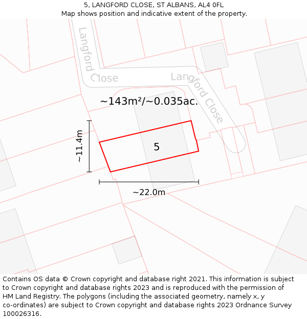 5, LANGFORD CLOSE, ST ALBANS, AL4 0FL: Plot and title map