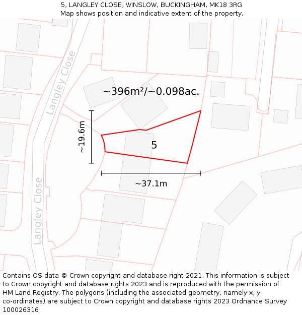 5, LANGLEY CLOSE, WINSLOW, BUCKINGHAM, MK18 3RG: Plot and title map