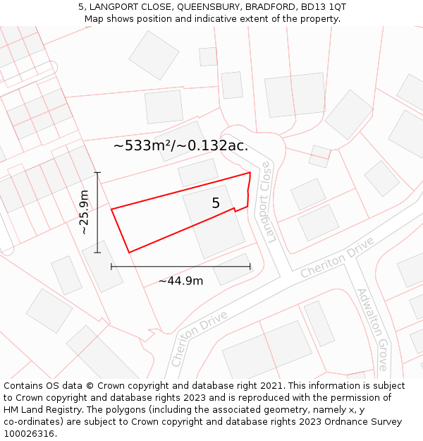 5, LANGPORT CLOSE, QUEENSBURY, BRADFORD, BD13 1QT: Plot and title map