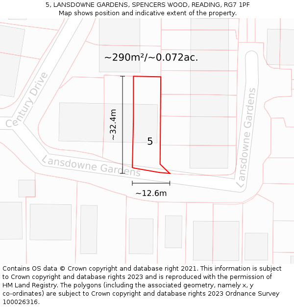 5, LANSDOWNE GARDENS, SPENCERS WOOD, READING, RG7 1PF: Plot and title map