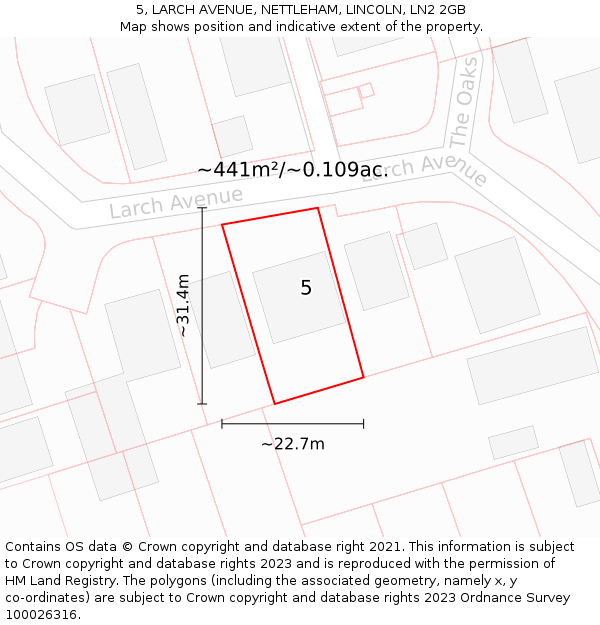 5, LARCH AVENUE, NETTLEHAM, LINCOLN, LN2 2GB: Plot and title map