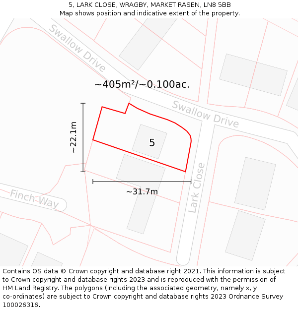 5, LARK CLOSE, WRAGBY, MARKET RASEN, LN8 5BB: Plot and title map