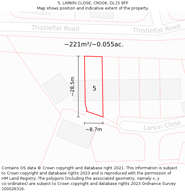 5, LARKIN CLOSE, CROOK, DL15 9FP: Plot and title map