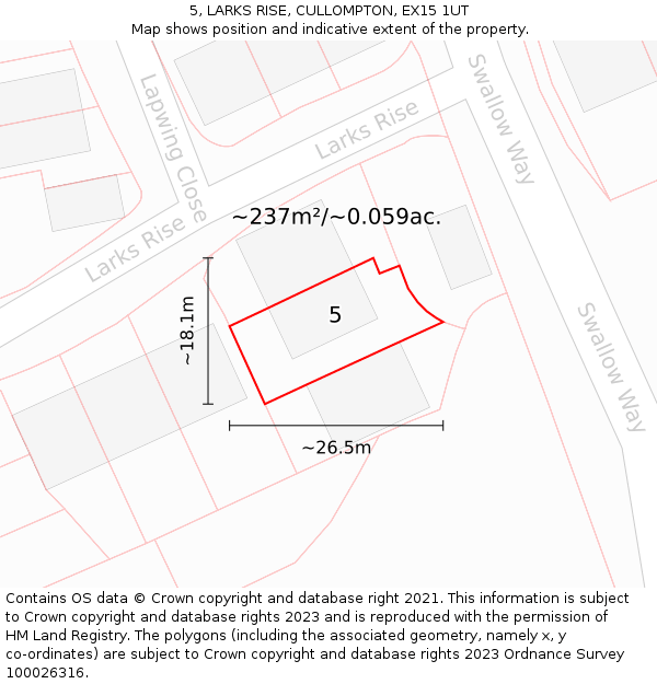 5, LARKS RISE, CULLOMPTON, EX15 1UT: Plot and title map