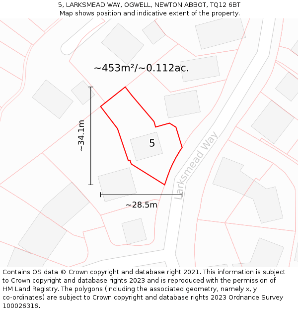 5, LARKSMEAD WAY, OGWELL, NEWTON ABBOT, TQ12 6BT: Plot and title map
