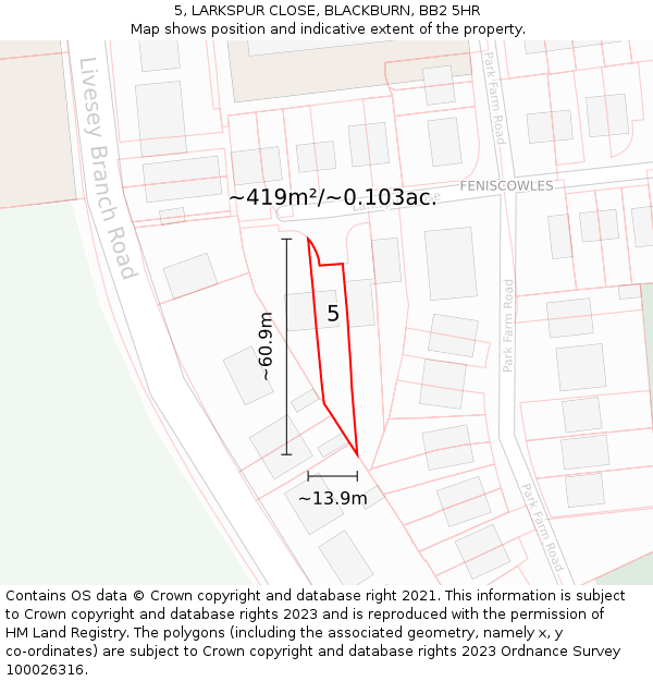 5, LARKSPUR CLOSE, BLACKBURN, BB2 5HR: Plot and title map