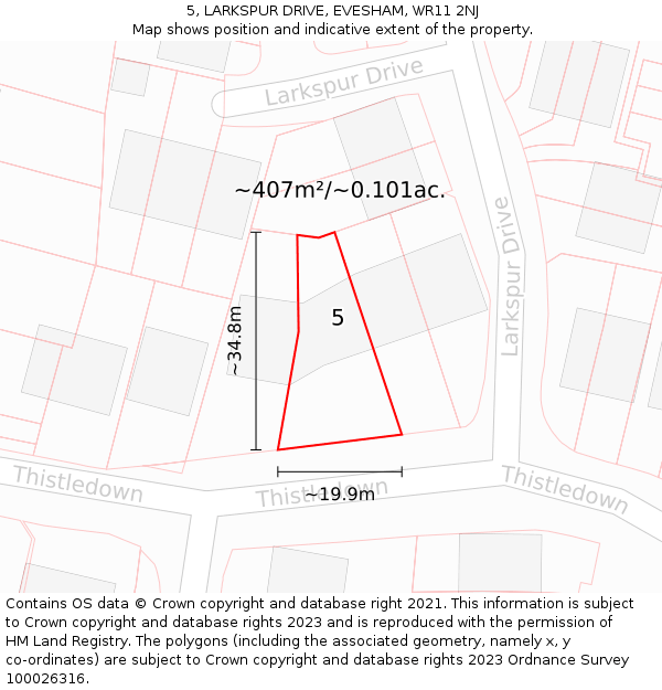 5, LARKSPUR DRIVE, EVESHAM, WR11 2NJ: Plot and title map