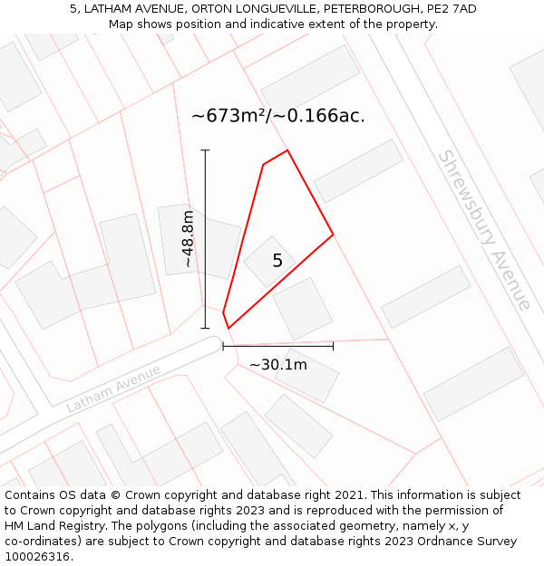 5, LATHAM AVENUE, ORTON LONGUEVILLE, PETERBOROUGH, PE2 7AD: Plot and title map