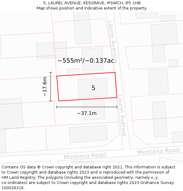 5, LAUREL AVENUE, KESGRAVE, IPSWICH, IP5 1HB: Plot and title map