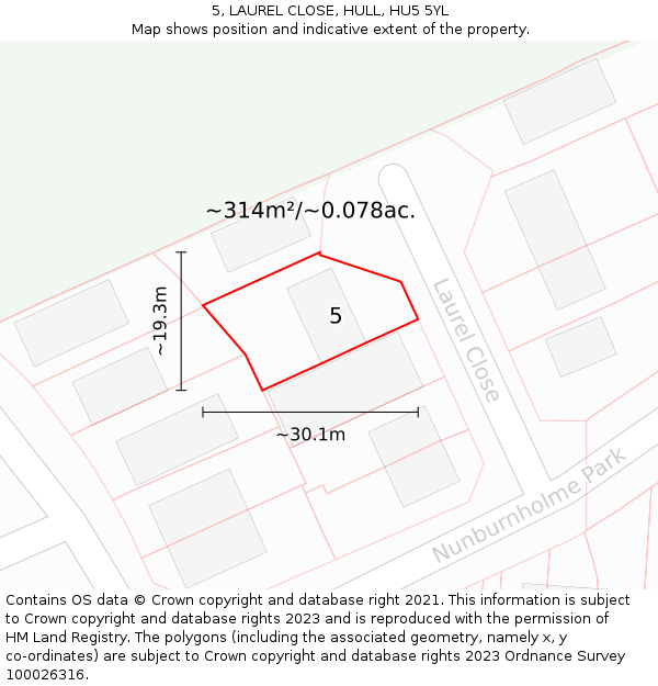 5, LAUREL CLOSE, HULL, HU5 5YL: Plot and title map