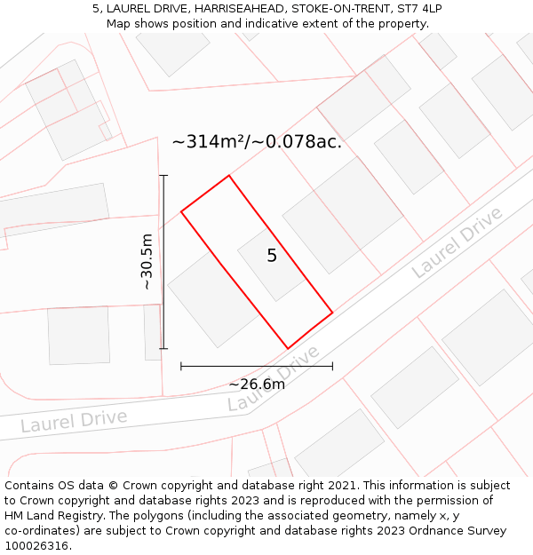 5, LAUREL DRIVE, HARRISEAHEAD, STOKE-ON-TRENT, ST7 4LP: Plot and title map