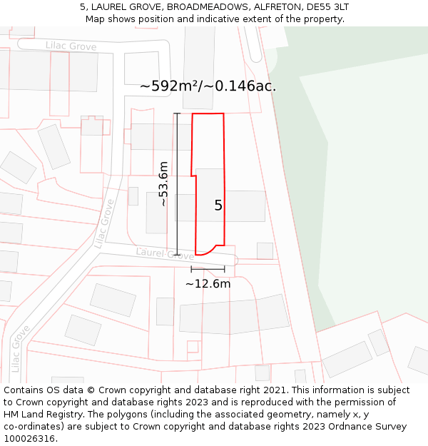 5, LAUREL GROVE, BROADMEADOWS, ALFRETON, DE55 3LT: Plot and title map