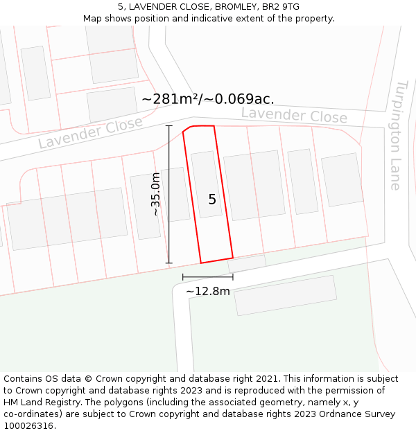 5, LAVENDER CLOSE, BROMLEY, BR2 9TG: Plot and title map
