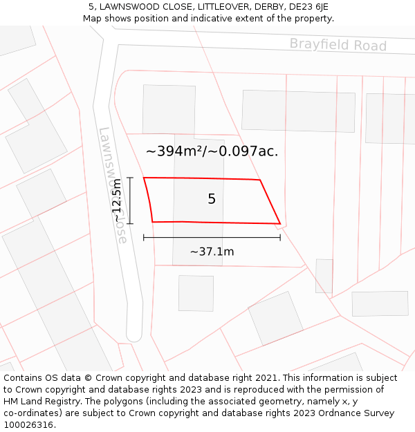 5, LAWNSWOOD CLOSE, LITTLEOVER, DERBY, DE23 6JE: Plot and title map