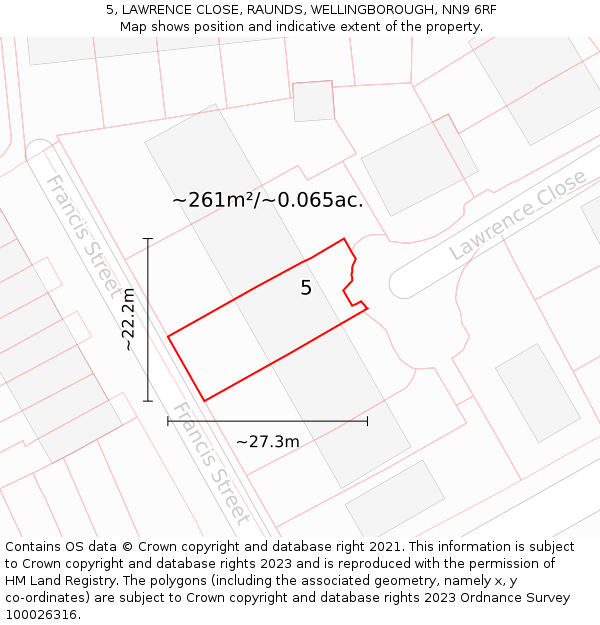 5, LAWRENCE CLOSE, RAUNDS, WELLINGBOROUGH, NN9 6RF: Plot and title map