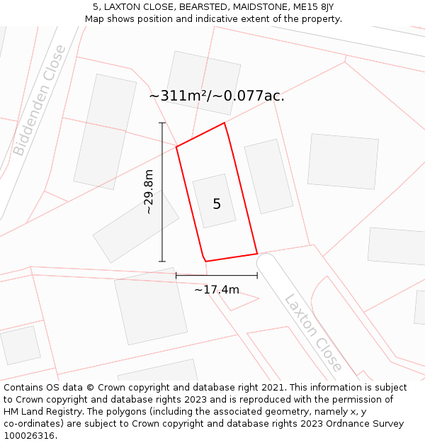 5, LAXTON CLOSE, BEARSTED, MAIDSTONE, ME15 8JY: Plot and title map