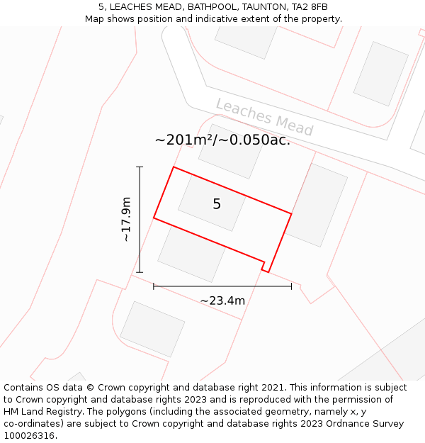 5, LEACHES MEAD, BATHPOOL, TAUNTON, TA2 8FB: Plot and title map
