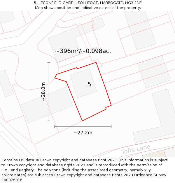 5, LECONFIELD GARTH, FOLLIFOOT, HARROGATE, HG3 1NF: Plot and title map