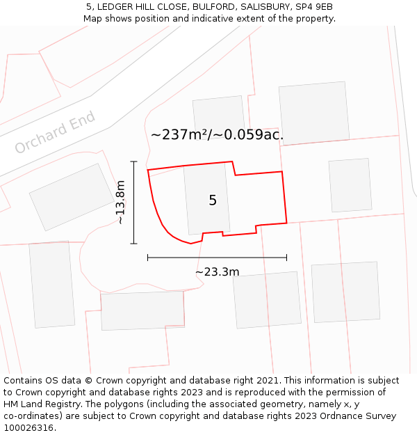 5, LEDGER HILL CLOSE, BULFORD, SALISBURY, SP4 9EB: Plot and title map