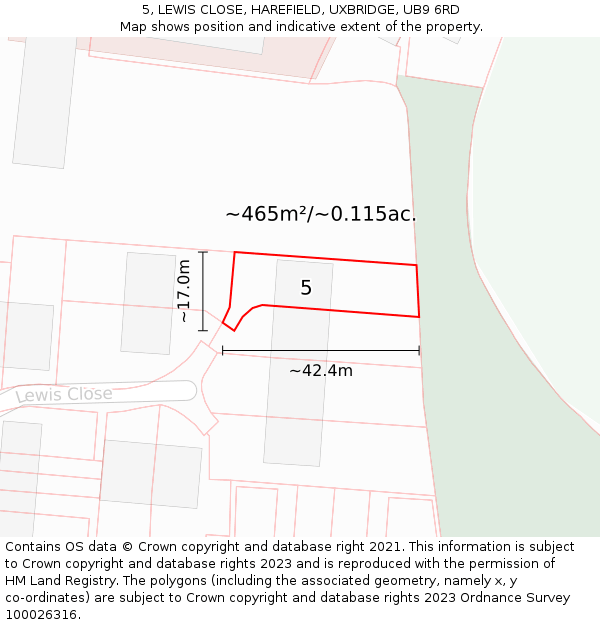 5, LEWIS CLOSE, HAREFIELD, UXBRIDGE, UB9 6RD: Plot and title map