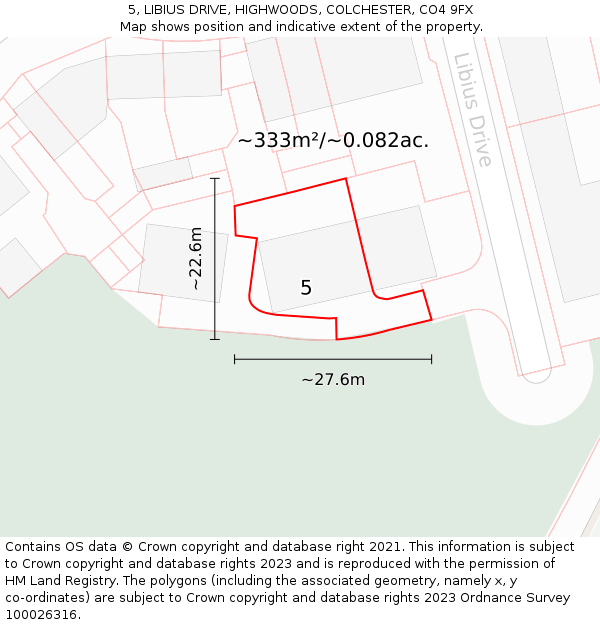 5, LIBIUS DRIVE, HIGHWOODS, COLCHESTER, CO4 9FX: Plot and title map