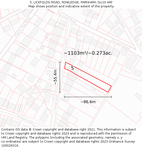 5, LICKFOLDS ROAD, ROWLEDGE, FARNHAM, GU10 4AF: Plot and title map