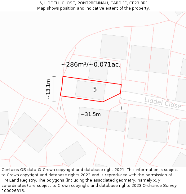 5, LIDDELL CLOSE, PONTPRENNAU, CARDIFF, CF23 8PF: Plot and title map