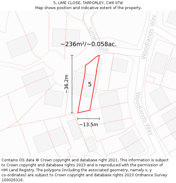 5, LIME CLOSE, TARPORLEY, CW6 0TW: Plot and title map
