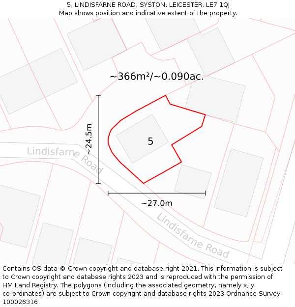 5, LINDISFARNE ROAD, SYSTON, LEICESTER, LE7 1QJ: Plot and title map