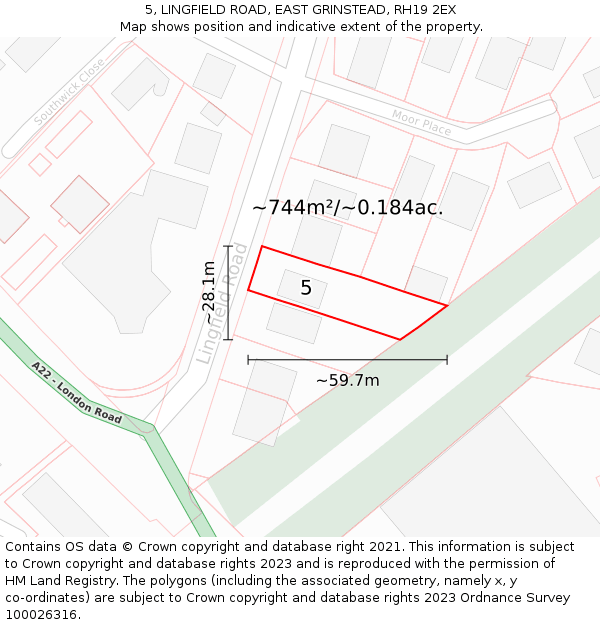 5, LINGFIELD ROAD, EAST GRINSTEAD, RH19 2EX: Plot and title map
