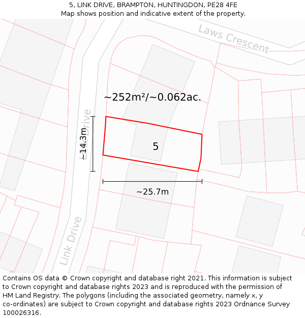 5, LINK DRIVE, BRAMPTON, HUNTINGDON, PE28 4FE: Plot and title map