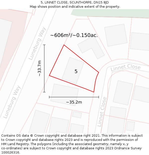 5, LINNET CLOSE, SCUNTHORPE, DN15 8JD: Plot and title map