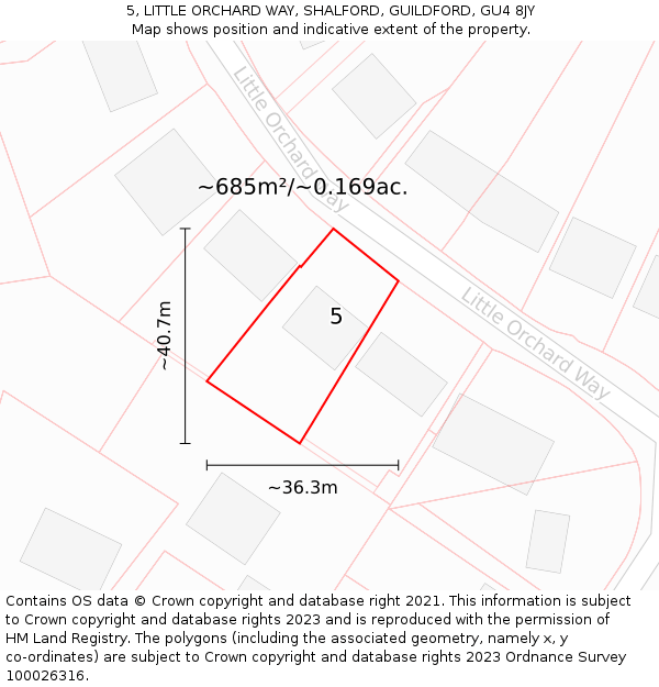 5, LITTLE ORCHARD WAY, SHALFORD, GUILDFORD, GU4 8JY: Plot and title map