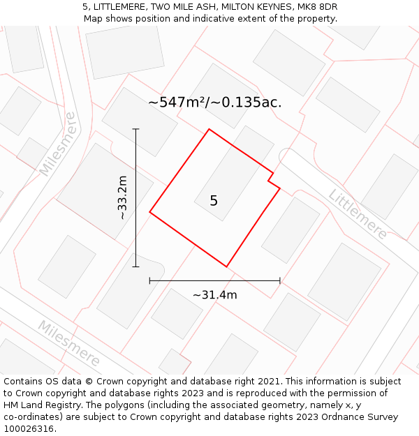 5, LITTLEMERE, TWO MILE ASH, MILTON KEYNES, MK8 8DR: Plot and title map