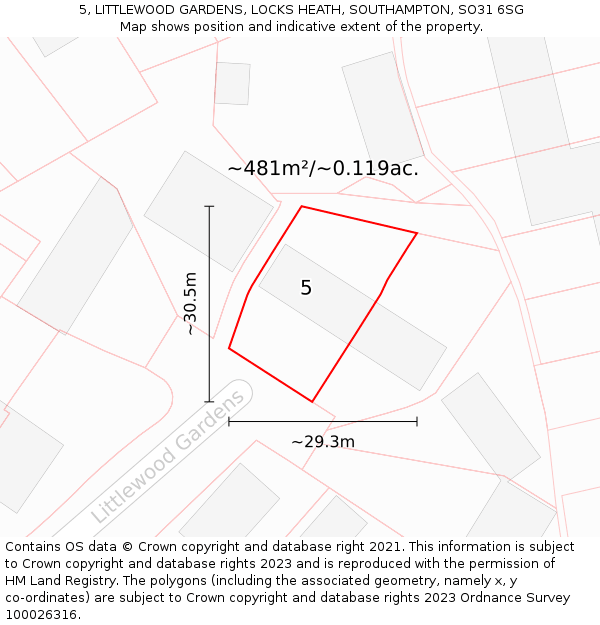 5, LITTLEWOOD GARDENS, LOCKS HEATH, SOUTHAMPTON, SO31 6SG: Plot and title map