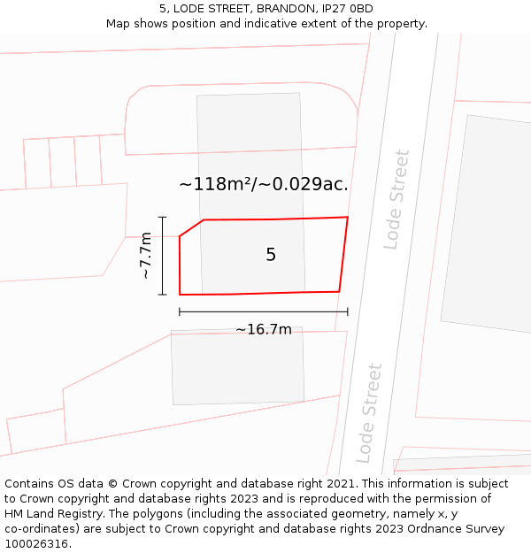5, LODE STREET, BRANDON, IP27 0BD: Plot and title map