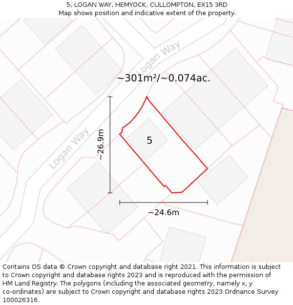 5, LOGAN WAY, HEMYOCK, CULLOMPTON, EX15 3RD: Plot and title map