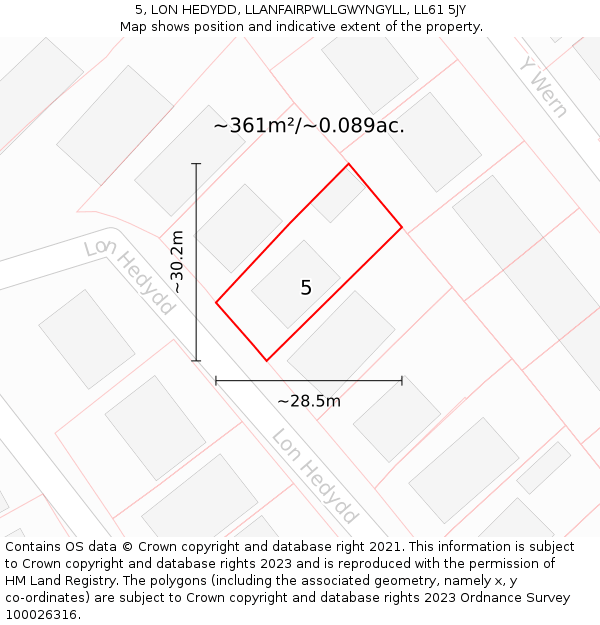 5, LON HEDYDD, LLANFAIRPWLLGWYNGYLL, LL61 5JY: Plot and title map