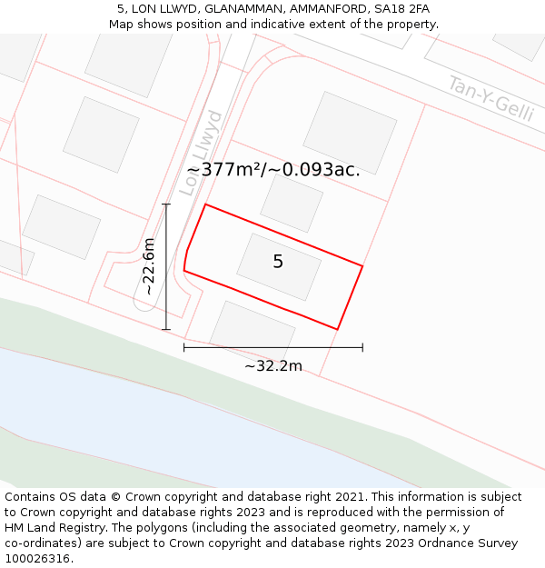 5, LON LLWYD, GLANAMMAN, AMMANFORD, SA18 2FA: Plot and title map